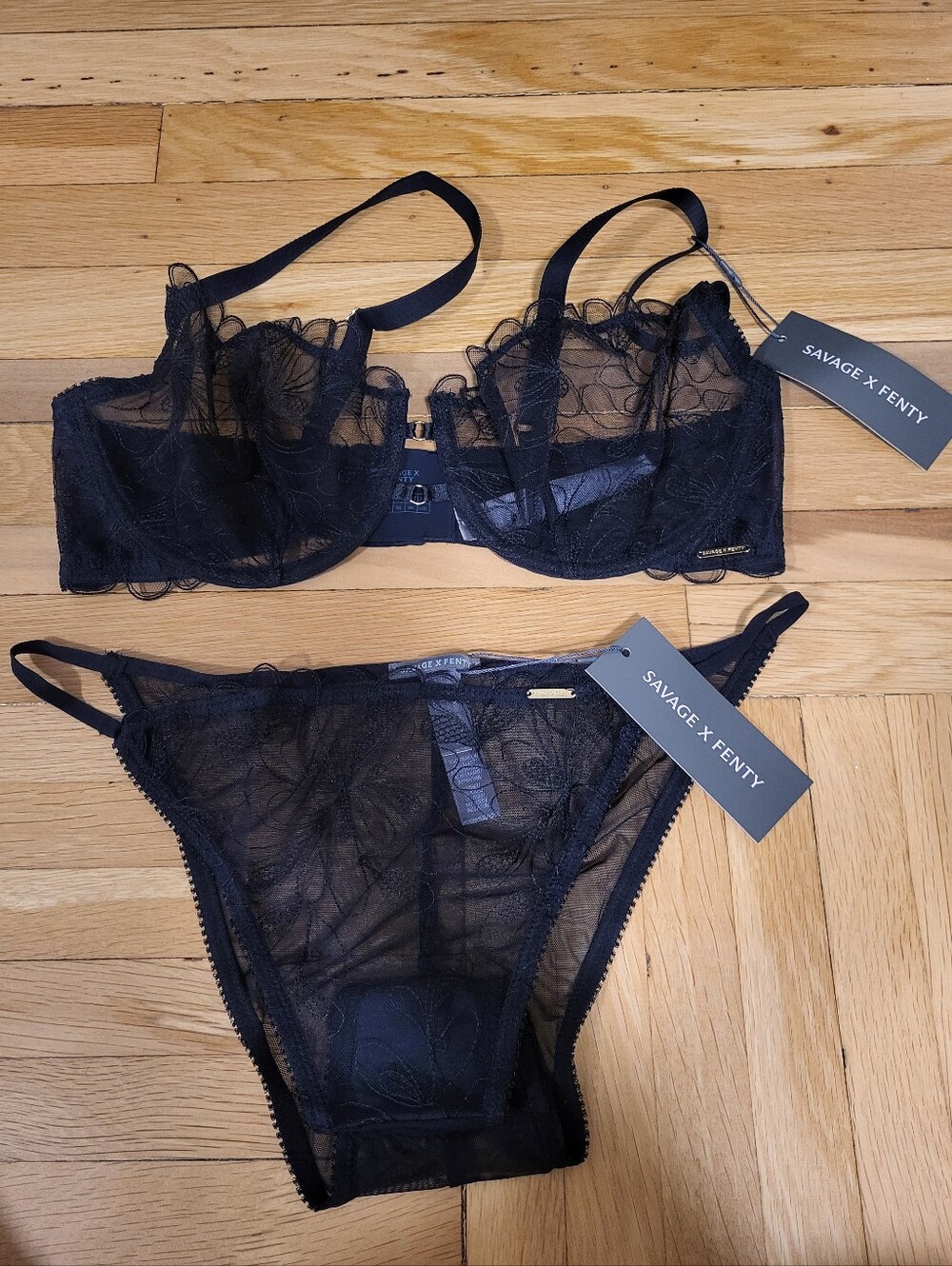 Savage X Fenty Black Sheer Lace Underwire Bra & Panty Set